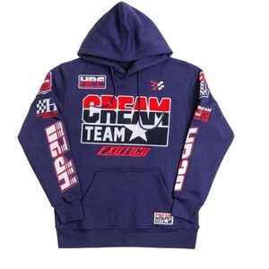 Graphic Strains Navy Blue Race Hoodie with Colorful Logos
